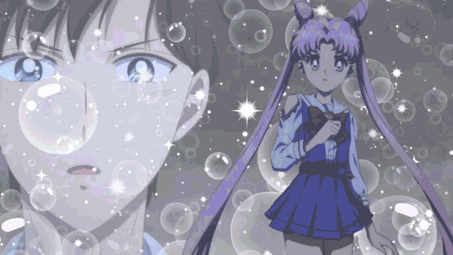 a girl with purple hair is standing next to a boy with blue eyes
