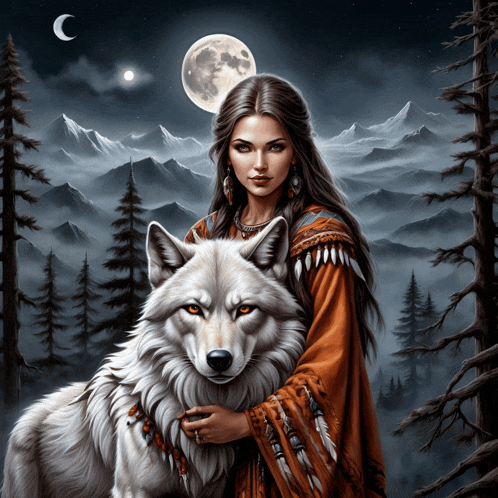 a painting of a woman holding a white wolf