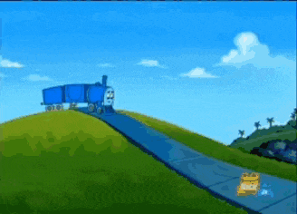 a blue train is going down a hill in a cartoon scene