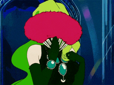 a cartoon drawing of a woman covering her face with a pink fan
