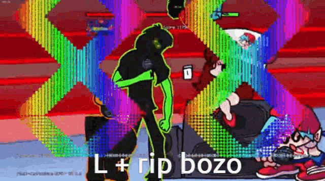 a cartoon of a man standing next to another man with the words `` l + rip bozo '' written on it .
