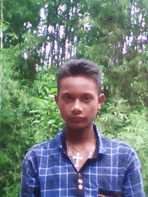 a young man wearing a blue plaid shirt and a cross necklace