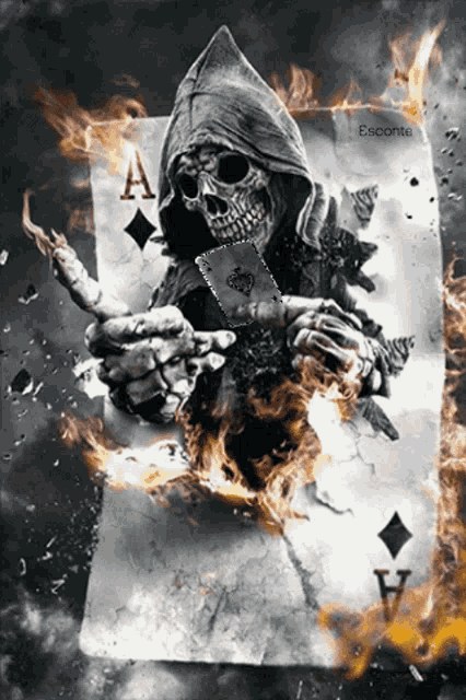 a skeleton holding an ace of diamonds surrounded by fire