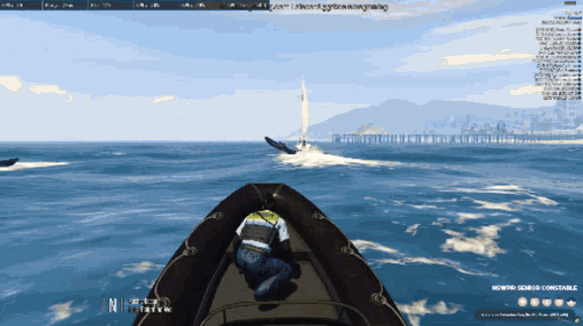 a screenshot of a video game shows a man in a life vest riding a boat