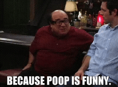 two men are sitting next to each other in a bar and one of them is saying because poop is funny .