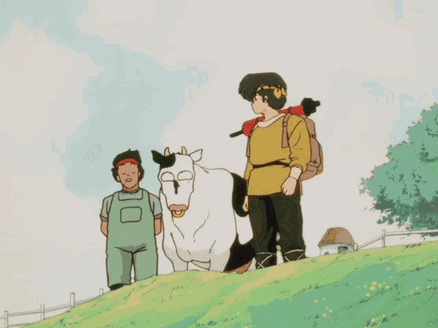 a man and a cow are walking on a grassy hillside