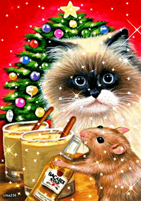 a painting of a cat and a mouse drinking bacardi