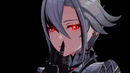 a girl with red eyes and gray hair is holding her finger to her mouth .