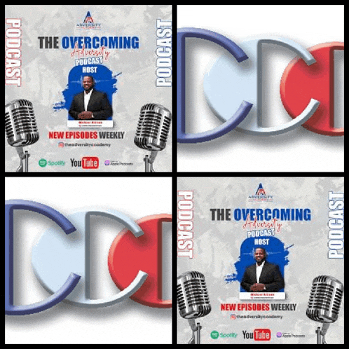 four posters for the overcoming advisory podcast with a man in front of microphones