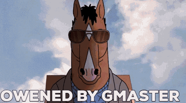 a cartoon horse wearing sunglasses with the words owened by gmaster below him