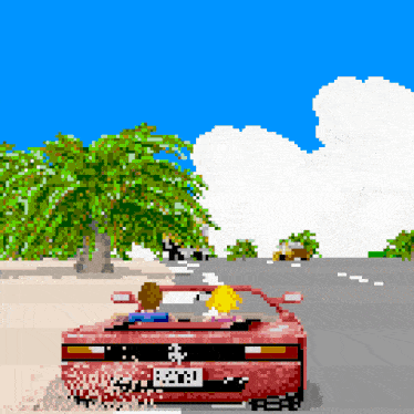 a pixel art drawing of a red car with a license plate that says ' ken ' on it