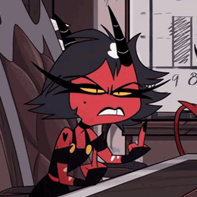 a cartoon character with horns is giving the middle finger .