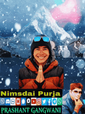 a poster for nimsdai purja prashant gangwani shows a man with his hands folded