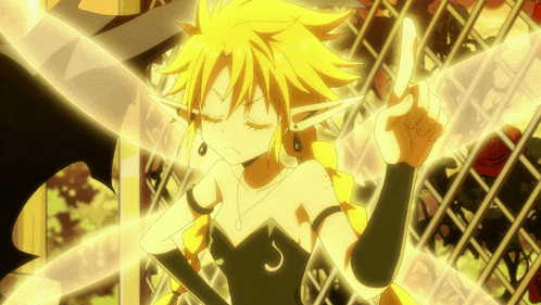 a girl with yellow hair and a black dress has the letter s on her chest