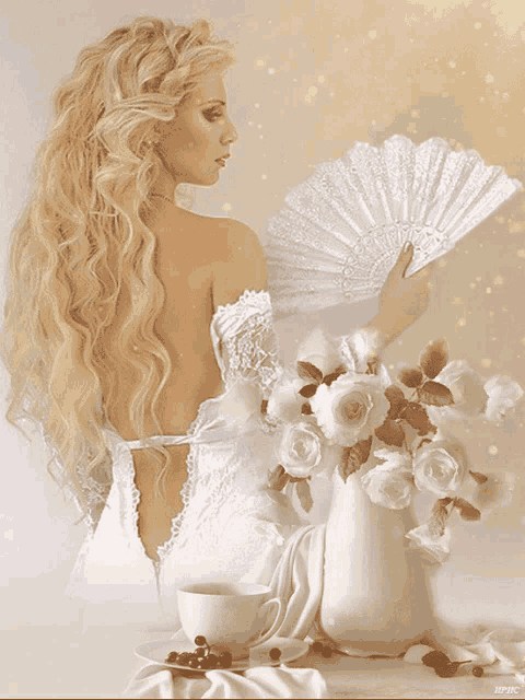 a woman in a white dress holding a white fan