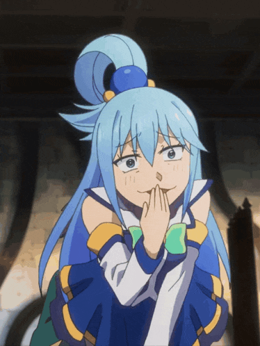 a girl with blue hair is making a face with her hands on her face