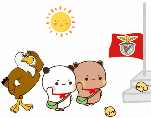 a cartoon of a bald eagle saluting two bears and a sun