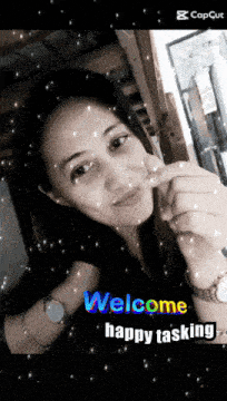 a picture of a woman with the words welcome happy tasking below her