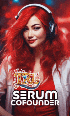 a woman with red hair is wearing headphones and the words " serum cofounder " on the bottom