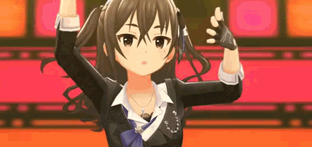 a anime girl is dancing on a stage in a video game .