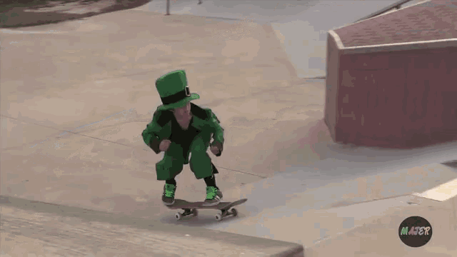 a person in a leprechaun costume is riding a skateboard down a ramp