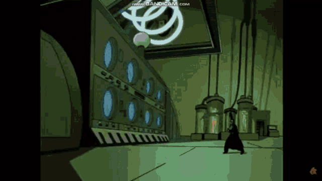 a cartoon of a man standing in a room with a bunch of containers and a neon light hanging from the ceiling