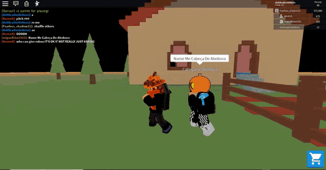 a screenshot of a roblox game shows two characters standing in front of a building