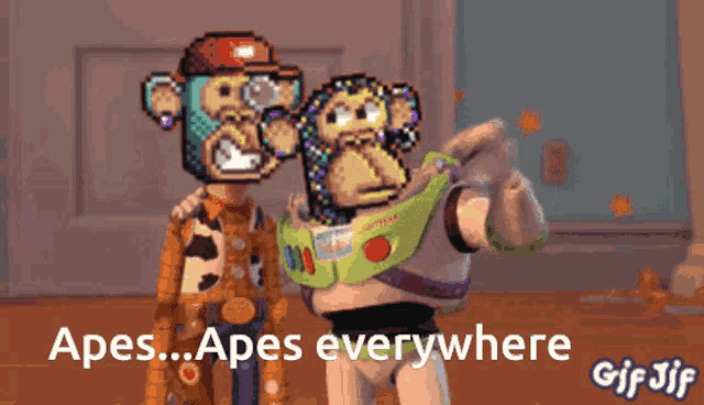 a pixel art of woody and buzz lightyear with the words apes apes everywhere