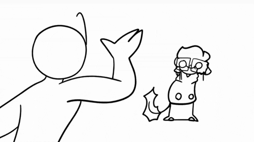a black and white drawing of a person pointing at a dog .