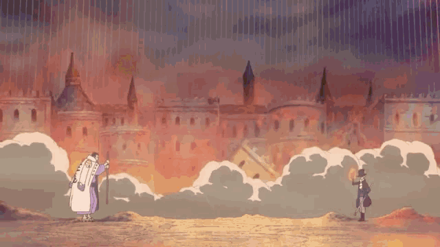 a man in a purple cape stands in front of a castle with smoke coming out of it