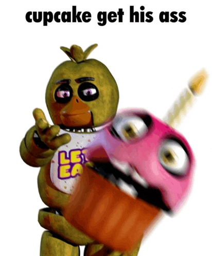 chica from five nights at freddy 's is holding a pink cupcake with a candle