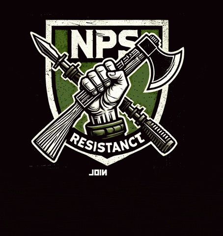 a logo for nps resistance with a fist holding a sword and axe