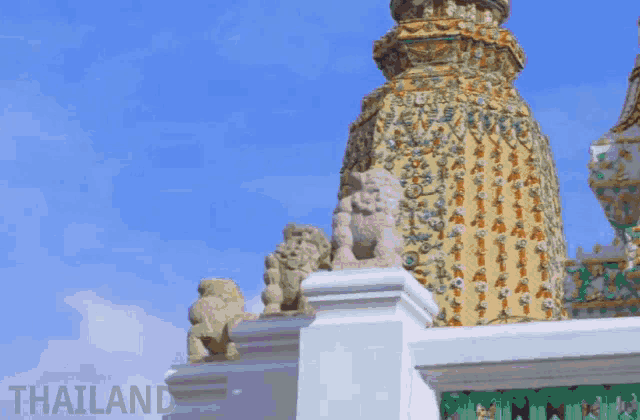 a painting of a man standing in front of a temple with a purple sky in the background .