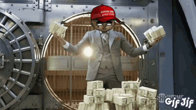 a man in a suit is holding stacks of money and wearing a red hat that says " make america great again "