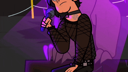 a cartoon character is singing into a microphone with a pentagram tattoo on his chest