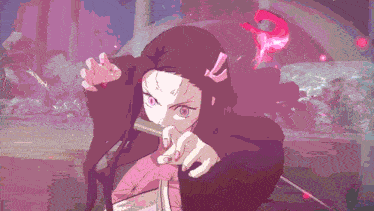 a girl with pink eyes is holding a sword in her hand