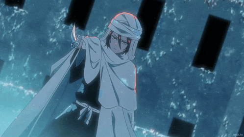 a person in a white cape is holding a sword in front of a screen that says naruto.tv