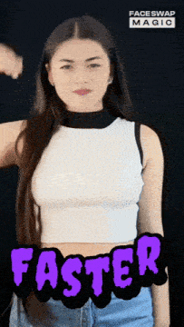 a woman wearing a white crop top with the word faster in purple letters