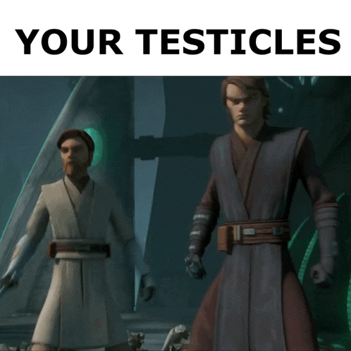two cartoon characters are standing next to each other with the words your testicles above them