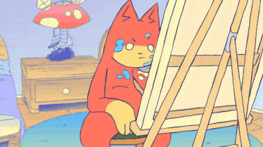 a cartoon drawing of a cat holding a canvas in front of an easel