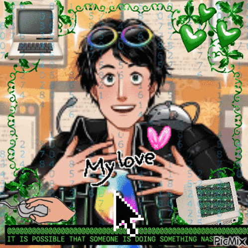a cartoon of a man holding a cell phone with the words my love on it