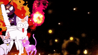 a group of cartoon cats are standing in front of a fire