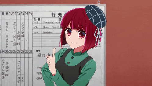 a girl with red hair giving a thumbs up in front of a white board with chinese writing on it