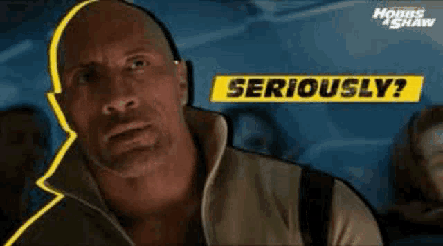 a bald man is sitting in a car with a yellow sign that says `` seriously ? '' .