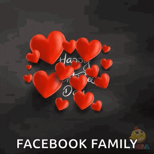 a facebook family valentine 's day card with red hearts on a black background