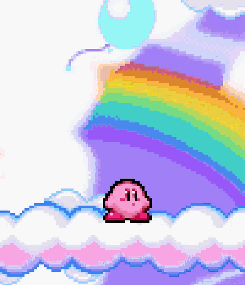 a pixel art of kirby flying through the air with a rainbow in the background