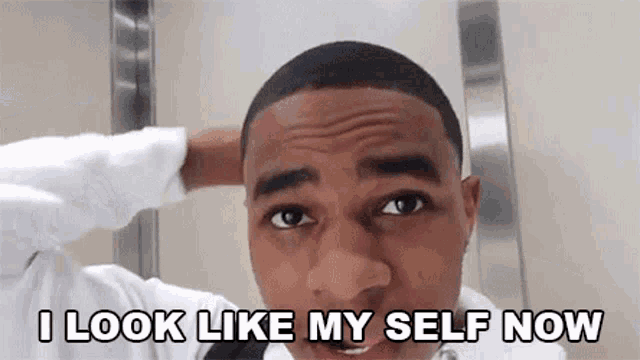a young man is making a funny face and says i look like my self now .