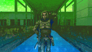 a pixel art drawing of a man holding a gun