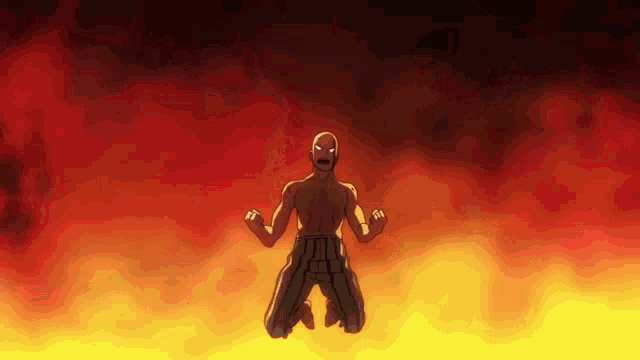 a man is kneeling down in front of a fire and smoke background .