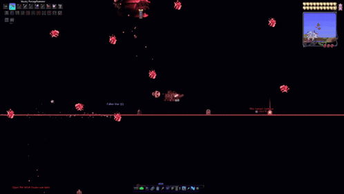 a screenshot of a video game called terraria shows a lot of red objects flying around